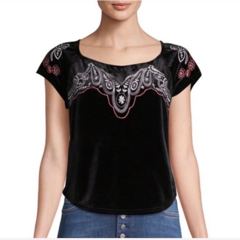 Free People embroidered black velvet cropped top